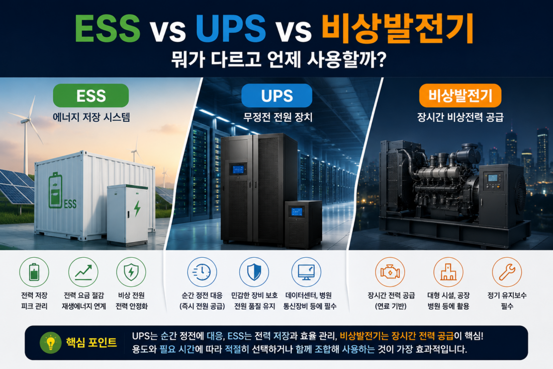 ESS vs UPS vs 비상발전기, 뭐가 다르고 언제 사용할까?