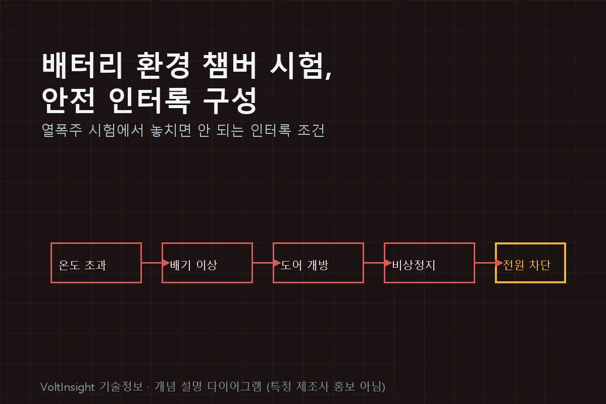 배터리 시험 챔버의 온도초과·배기이상·도어개방·비상정지 안전 인터록 직렬 체인 구성을 설명하는 다이어그램