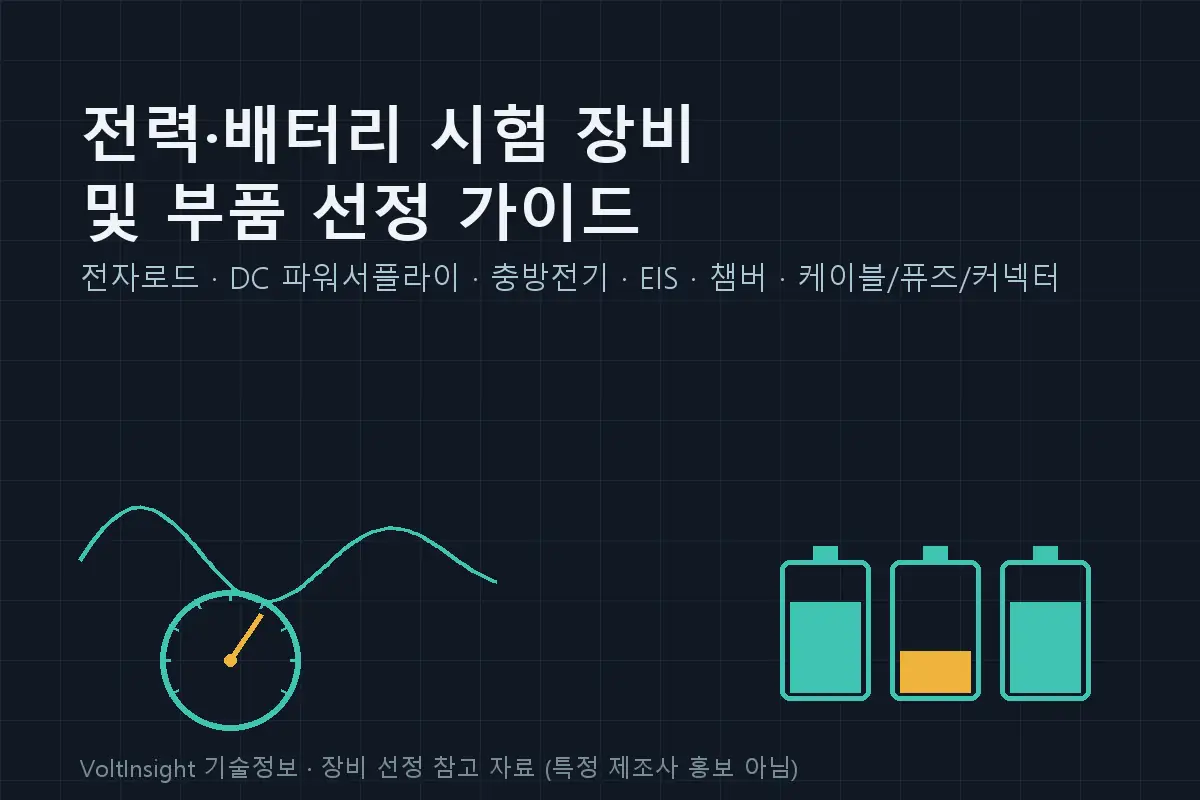 전력·배터리 시험 장비 및 부품 선정 가이드 대표 이미지 — 전자로드 게이지, 배터리 셀 3개 아이콘, 파형 그래픽으로 구성된 추상 일러스트(실제 제품 사진 아님)