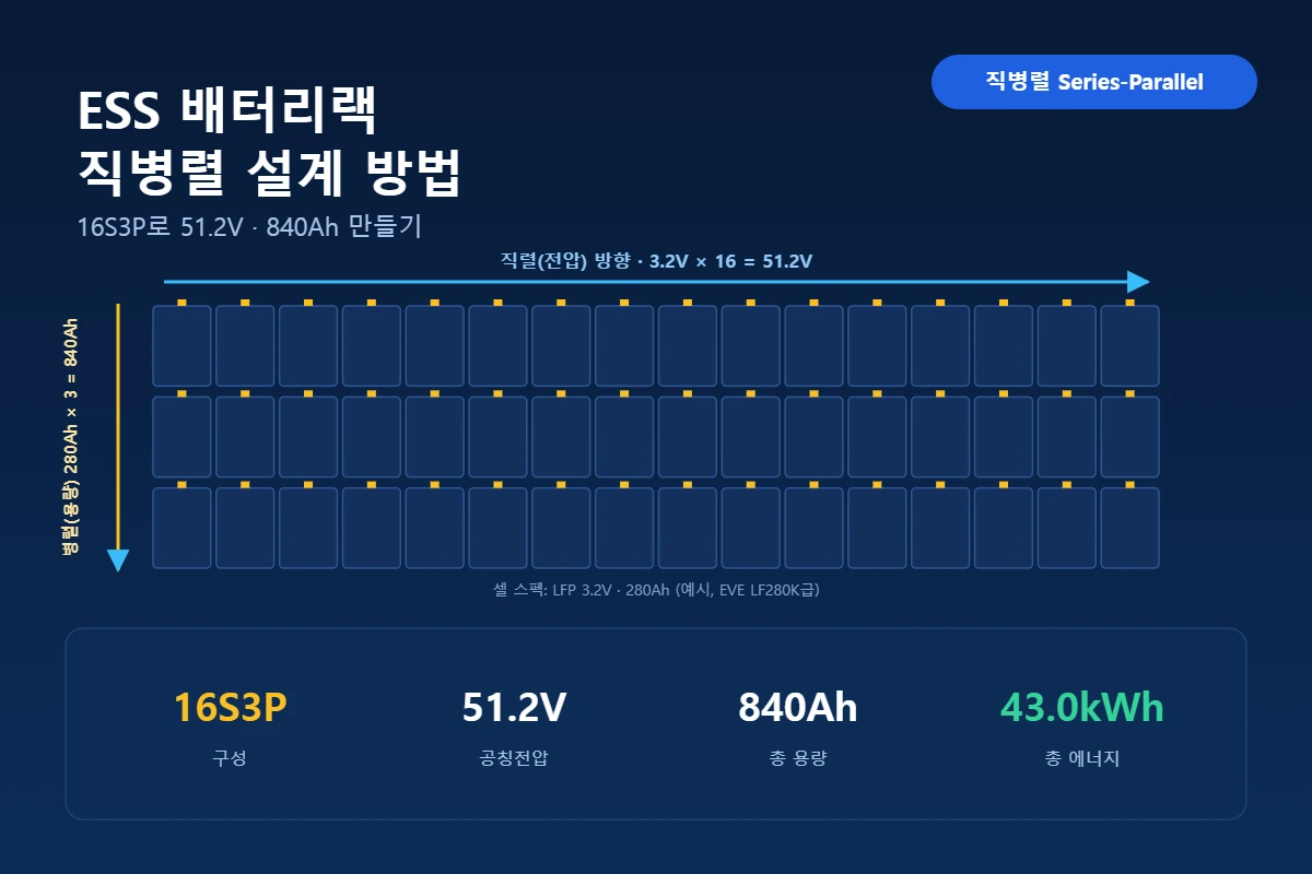 배터리셀 여러 개를 어떻게 연결해야 51.2V ESS랙이 될까? 직렬·병렬 설계 계산법